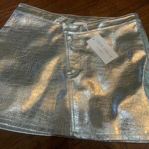 Torn by Ronny Kobo Metallic Silver Croc-Embossed Mini Skirt